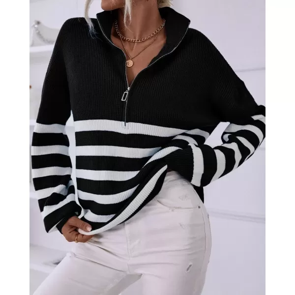 BTFBM Women 2024 Casual Long Sleeve Zip Striped Pullover Sweaters V Neck Collar Ribbed Knit Fall Winter Slouchy JumpersStriped Black