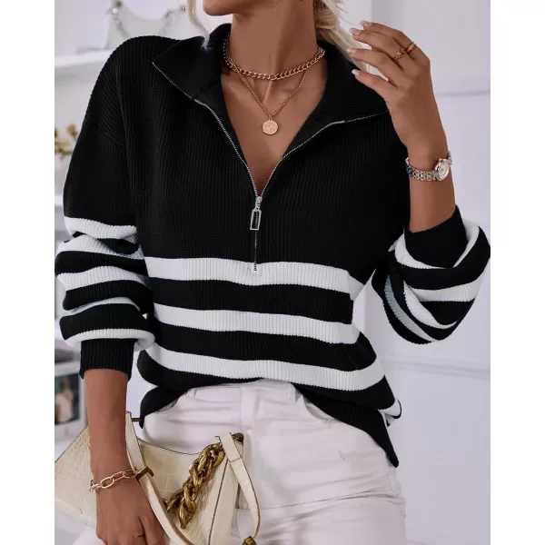 BTFBM Women 2024 Casual Long Sleeve Zip Striped Pullover Sweaters V Neck Collar Ribbed Knit Fall Winter Slouchy JumpersStriped Black