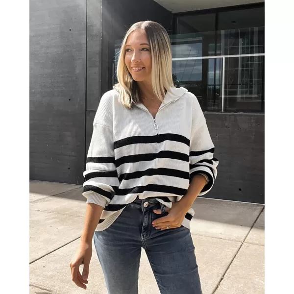 BTFBM Women 2024 Casual Long Sleeve Zip Striped Pullover Sweaters V Neck Collar Ribbed Knit Fall Winter Slouchy JumpersStriped White