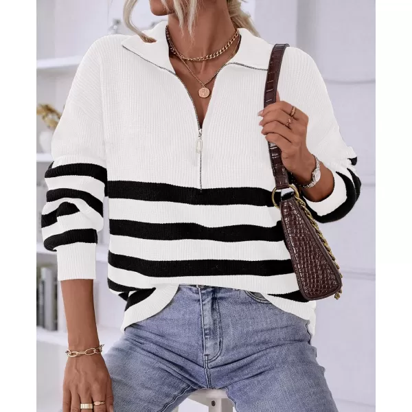 BTFBM Women 2024 Casual Long Sleeve Zip Striped Pullover Sweaters V Neck Collar Ribbed Knit Fall Winter Slouchy JumpersStriped White