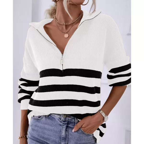 BTFBM Women 2024 Casual Long Sleeve Zip Striped Pullover Sweaters V Neck Collar Ribbed Knit Fall Winter Slouchy JumpersStriped White