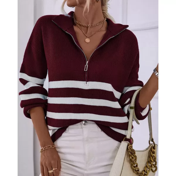 BTFBM Women 2024 Casual Long Sleeve Zip Striped Pullover Sweaters V Neck Collar Ribbed Knit Fall Winter Slouchy JumpersStriped Wine Red