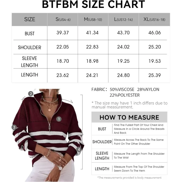 BTFBM Women 2024 Casual Long Sleeve Zip Striped Pullover Sweaters V Neck Collar Ribbed Knit Fall Winter Slouchy JumpersStriped Wine Red