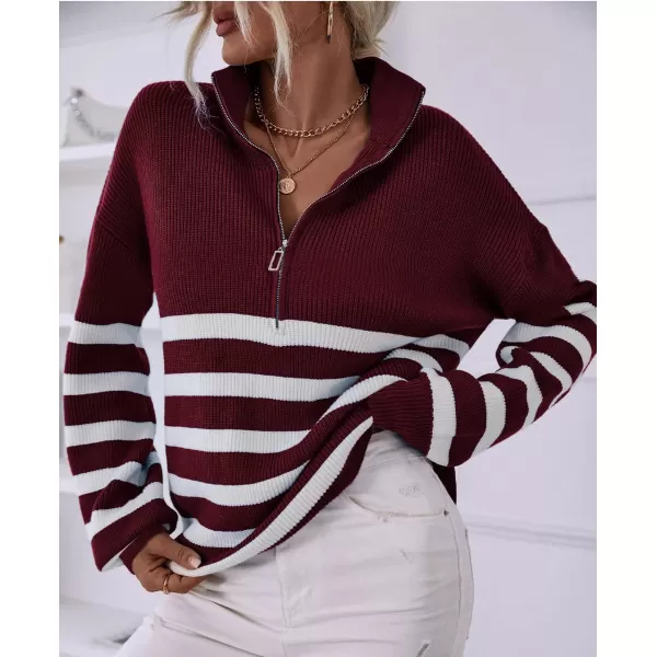 BTFBM Women 2024 Casual Long Sleeve Zip Striped Pullover Sweaters V Neck Collar Ribbed Knit Fall Winter Slouchy JumpersStriped Wine Red