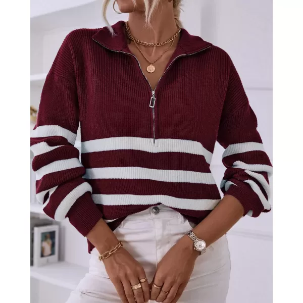 BTFBM Women 2024 Casual Long Sleeve Zip Striped Pullover Sweaters V Neck Collar Ribbed Knit Fall Winter Slouchy JumpersStriped Wine Red