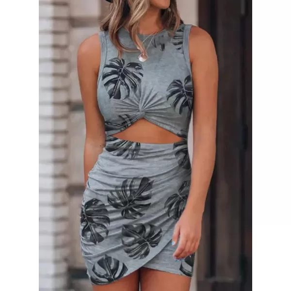 BTFBM Women 2024 Summer Sleeveless Casual Crewneck Bodycon Tank Dress Cutout Twist Slim Wrap Club Party Evening DressesLeaf Print Grey