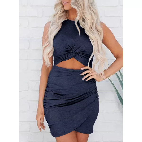 BTFBM Women 2024 Summer Sleeveless Casual Crewneck Bodycon Tank Dress Cutout Twist Slim Wrap Club Party Evening DressesNavy