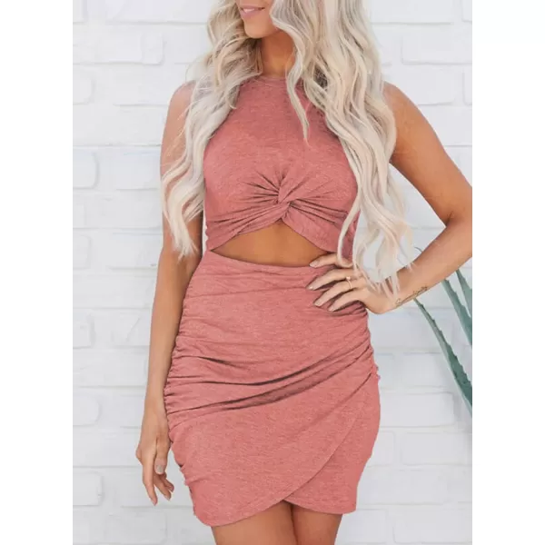 BTFBM Women 2024 Summer Sleeveless Casual Crewneck Bodycon Tank Dress Cutout Twist Slim Wrap Club Party Evening DressesPink