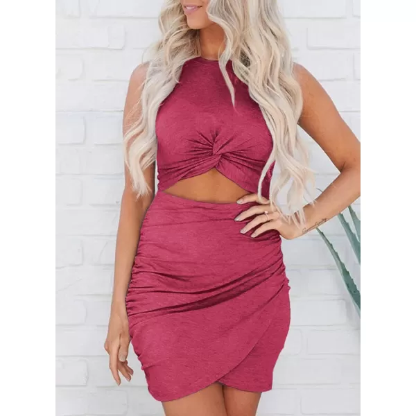 BTFBM Women 2024 Summer Sleeveless Casual Crewneck Bodycon Tank Dress Cutout Twist Slim Wrap Club Party Evening DressesRose Red