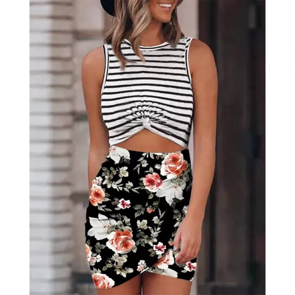 BTFBM Women 2024 Summer Sleeveless Casual Crewneck Bodycon Tank Dress Cutout Twist Slim Wrap Club Party Evening DressesStripe and Floral Black