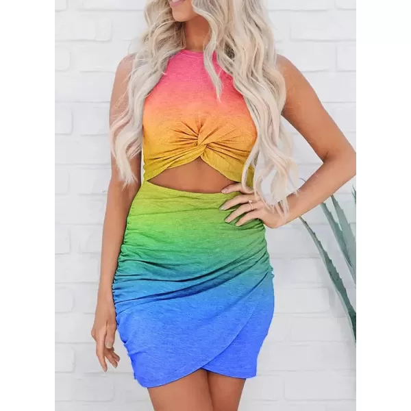 BTFBM Women 2024 Summer Sleeveless Casual Crewneck Bodycon Tank Dress Cutout Twist Slim Wrap Club Party Evening DressesTie Dye Pink Blue