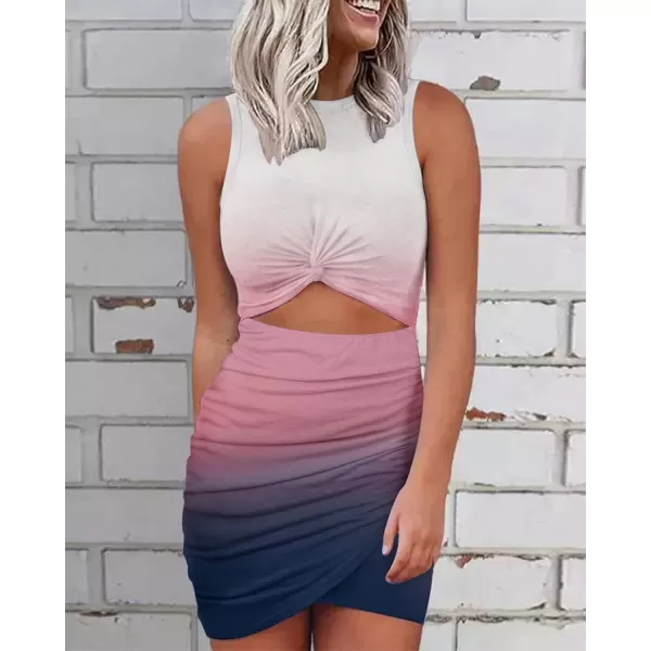 BTFBM Women 2024 Summer Sleeveless Casual Crewneck Bodycon Tank Dress Cutout Twist Slim Wrap Club Party Evening DressesTie Dye Pink White