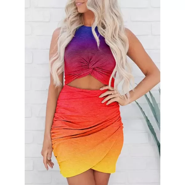 BTFBM Women 2024 Summer Sleeveless Casual Crewneck Bodycon Tank Dress Cutout Twist Slim Wrap Club Party Evening DressesTie Dye Purple Yellow