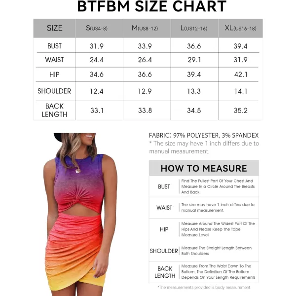 BTFBM Women 2024 Summer Sleeveless Casual Crewneck Bodycon Tank Dress Cutout Twist Slim Wrap Club Party Evening DressesTie Dye Purple Yellow