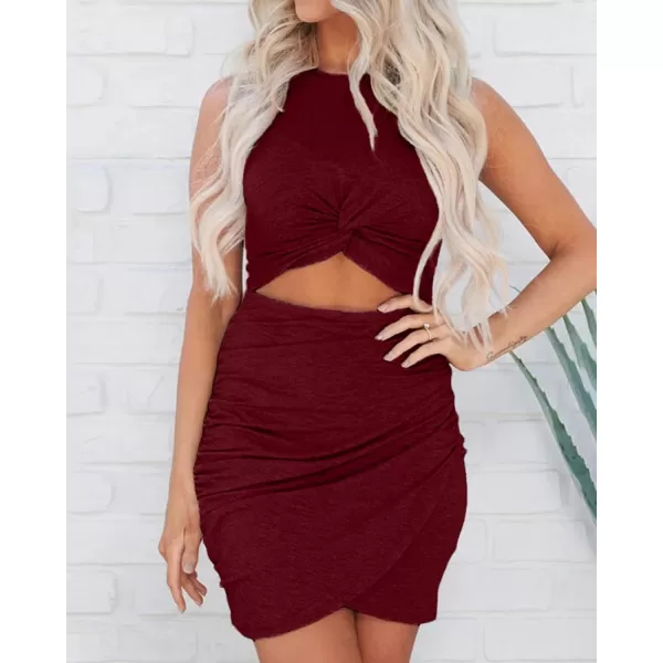 BTFBM Women 2024 Summer Sleeveless Casual Crewneck Bodycon Tank Dress Cutout Twist Slim Wrap Club Party Evening DressesWine Red