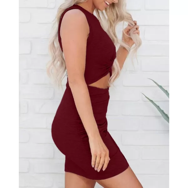BTFBM Women 2024 Summer Sleeveless Casual Crewneck Bodycon Tank Dress Cutout Twist Slim Wrap Club Party Evening DressesWine Red