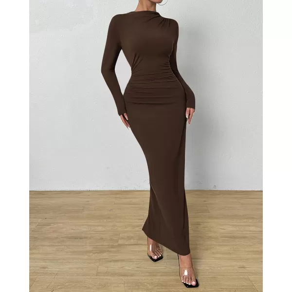 BTFBM Women Bodycon Maxi Dress Long Sleeve Back Slit Ruched Elegant Party Cocktail Formal Fall Wedding Guest DressesDark Coffee