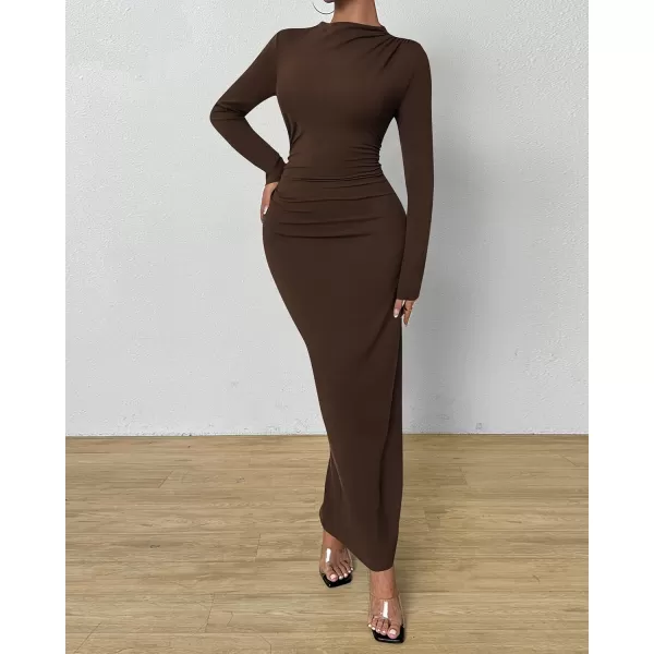 BTFBM Women Bodycon Maxi Dress Long Sleeve Back Slit Ruched Elegant Party Cocktail Formal Fall Wedding Guest DressesDark Coffee