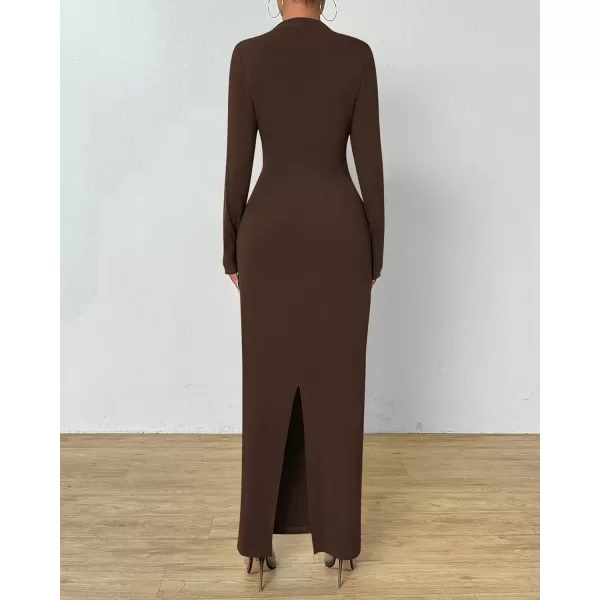 BTFBM Women Bodycon Maxi Dress Long Sleeve Back Slit Ruched Elegant Party Cocktail Formal Fall Wedding Guest DressesDark Coffee