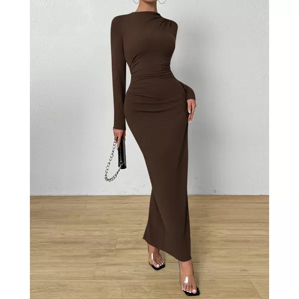 BTFBM Women Bodycon Maxi Dress Long Sleeve Back Slit Ruched Elegant Party Cocktail Formal Fall Wedding Guest DressesDark Coffee