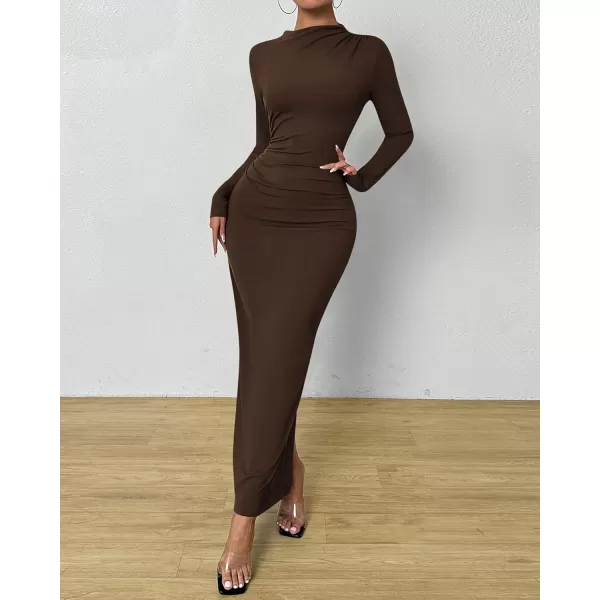 BTFBM Women Bodycon Maxi Dress Long Sleeve Back Slit Ruched Elegant Party Cocktail Formal Fall Wedding Guest DressesDark Coffee