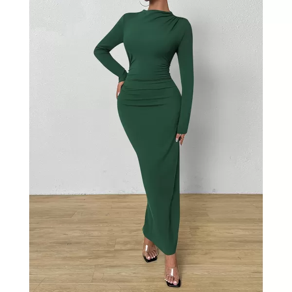 BTFBM Women Bodycon Maxi Dress Long Sleeve Back Slit Ruched Elegant Party Cocktail Formal Fall Wedding Guest DressesDark Green