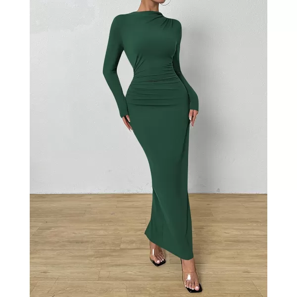 BTFBM Women Bodycon Maxi Dress Long Sleeve Back Slit Ruched Elegant Party Cocktail Formal Fall Wedding Guest DressesDark Green