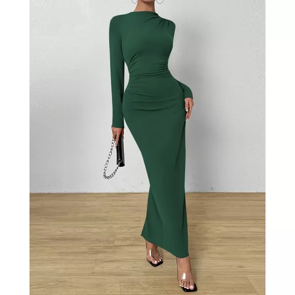 BTFBM Women Bodycon Maxi Dress Long Sleeve Back Slit Ruched Elegant Party Cocktail Formal Fall Wedding Guest DressesDark Green