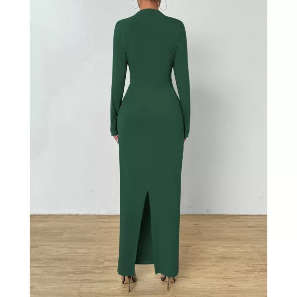 BTFBM Women Bodycon Maxi Dress Long Sleeve Back Slit Ruched Elegant Party Cocktail Formal Fall Wedding Guest DressesDark Green