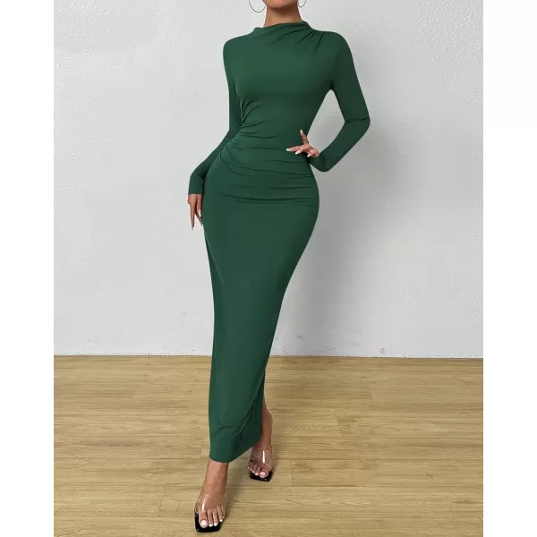 BTFBM Women Bodycon Maxi Dress Long Sleeve Back Slit Ruched Elegant Party Cocktail Formal Fall Wedding Guest DressesDark Green