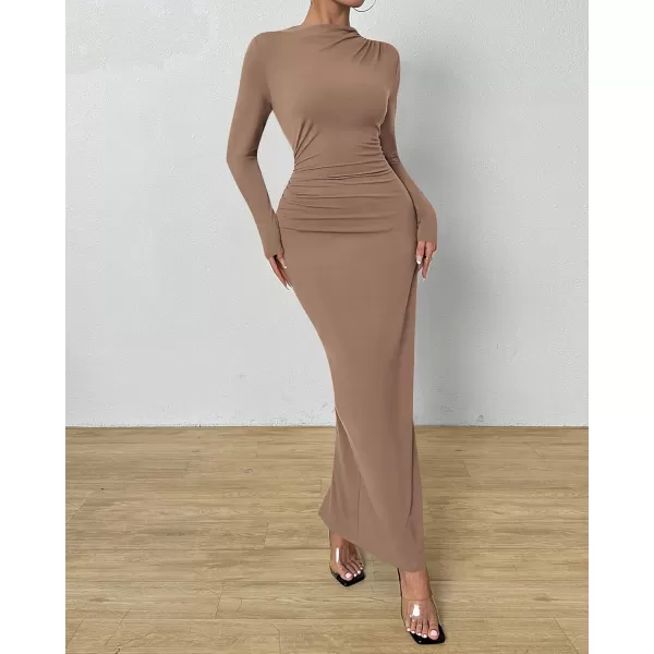 BTFBM Women Bodycon Maxi Dress Long Sleeve Back Slit Ruched Elegant Party Cocktail Formal Fall Wedding Guest DressesKhaki