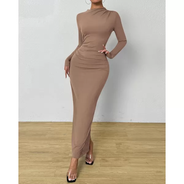 BTFBM Women Bodycon Maxi Dress Long Sleeve Back Slit Ruched Elegant Party Cocktail Formal Fall Wedding Guest DressesKhaki
