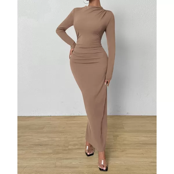 BTFBM Women Bodycon Maxi Dress Long Sleeve Back Slit Ruched Elegant Party Cocktail Formal Fall Wedding Guest DressesKhaki