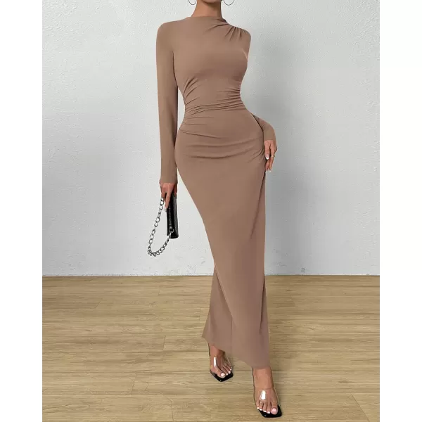 BTFBM Women Bodycon Maxi Dress Long Sleeve Back Slit Ruched Elegant Party Cocktail Formal Fall Wedding Guest DressesKhaki