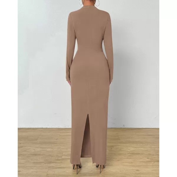 BTFBM Women Bodycon Maxi Dress Long Sleeve Back Slit Ruched Elegant Party Cocktail Formal Fall Wedding Guest DressesKhaki