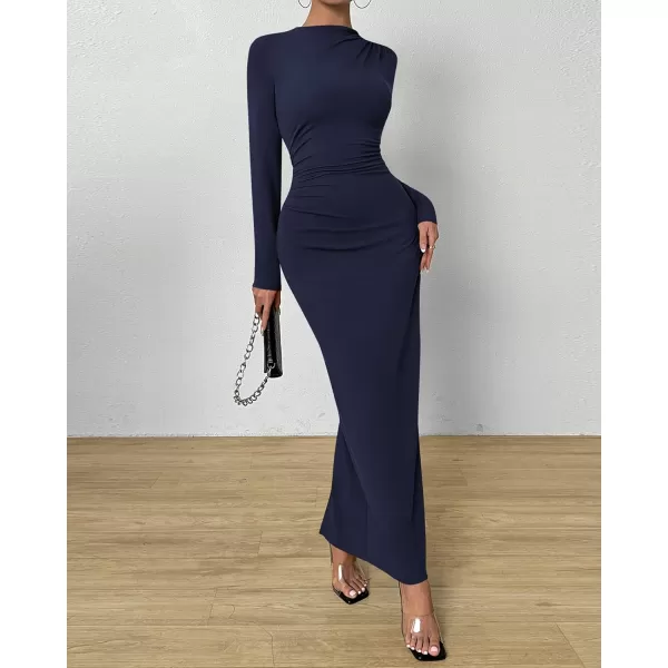 BTFBM Women Bodycon Maxi Dress Long Sleeve Back Slit Ruched Elegant Party Cocktail Formal Fall Wedding Guest DressesNavy