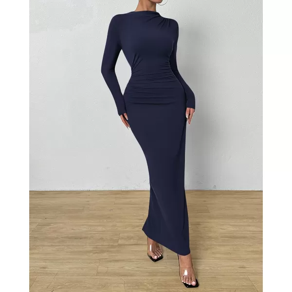 BTFBM Women Bodycon Maxi Dress Long Sleeve Back Slit Ruched Elegant Party Cocktail Formal Fall Wedding Guest DressesNavy