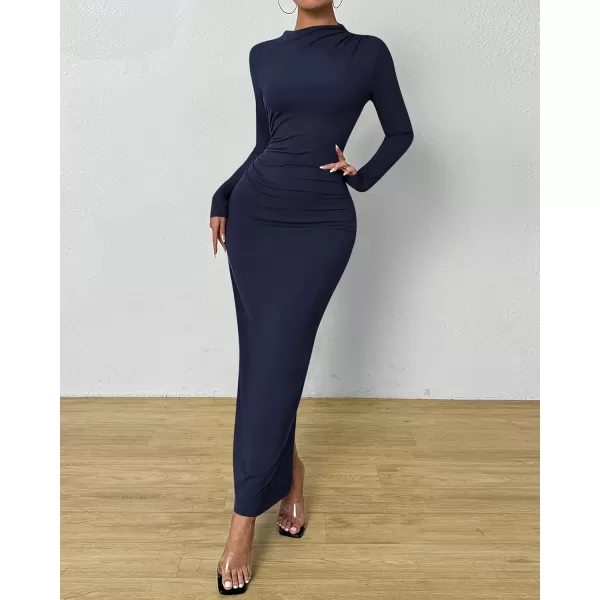 BTFBM Women Bodycon Maxi Dress Long Sleeve Back Slit Ruched Elegant Party Cocktail Formal Fall Wedding Guest DressesNavy