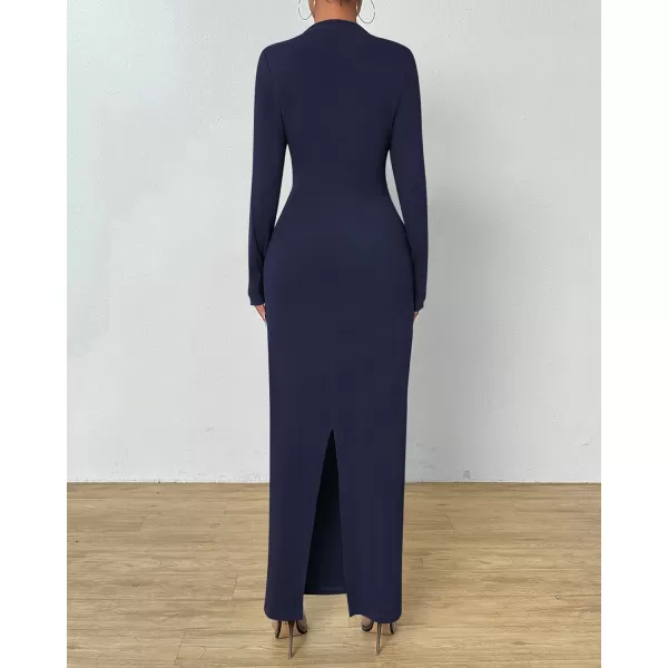 BTFBM Women Bodycon Maxi Dress Long Sleeve Back Slit Ruched Elegant Party Cocktail Formal Fall Wedding Guest DressesNavy