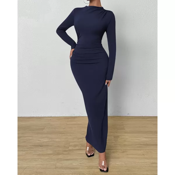 BTFBM Women Bodycon Maxi Dress Long Sleeve Back Slit Ruched Elegant Party Cocktail Formal Fall Wedding Guest DressesNavy