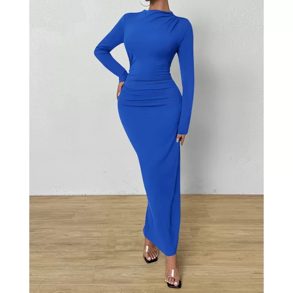 BTFBM Women Bodycon Maxi Dress Long Sleeve Back Slit Ruched Elegant Party Cocktail Formal Fall Wedding Guest DressesRoyal Blue