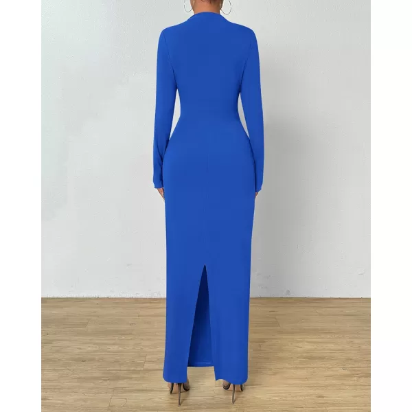 BTFBM Women Bodycon Maxi Dress Long Sleeve Back Slit Ruched Elegant Party Cocktail Formal Fall Wedding Guest DressesRoyal Blue