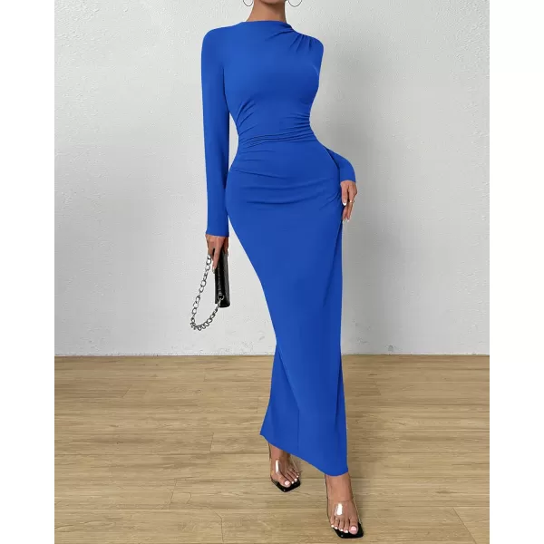BTFBM Women Bodycon Maxi Dress Long Sleeve Back Slit Ruched Elegant Party Cocktail Formal Fall Wedding Guest DressesRoyal Blue