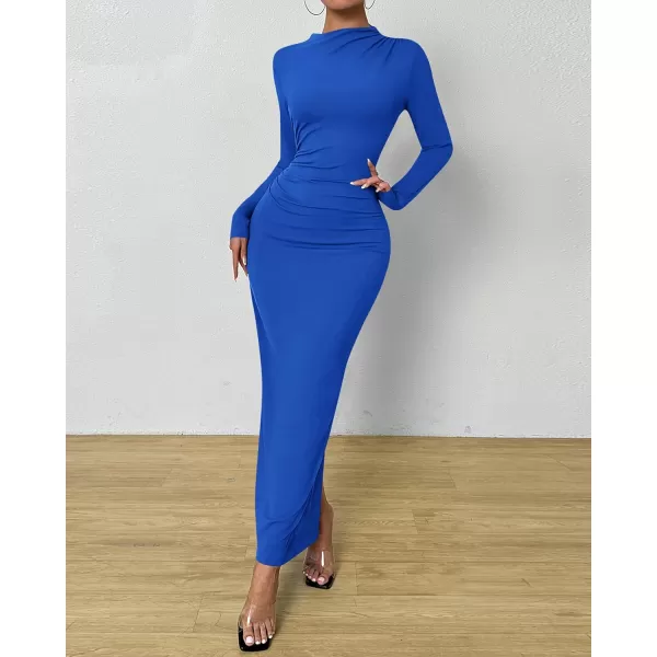 BTFBM Women Bodycon Maxi Dress Long Sleeve Back Slit Ruched Elegant Party Cocktail Formal Fall Wedding Guest DressesRoyal Blue