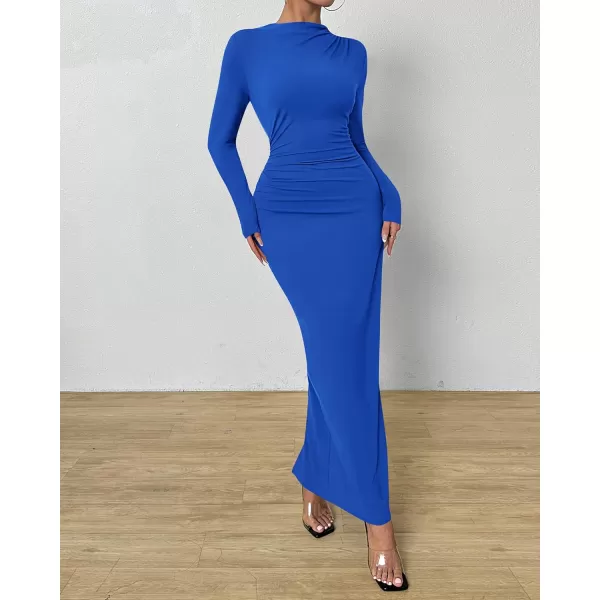 BTFBM Women Bodycon Maxi Dress Long Sleeve Back Slit Ruched Elegant Party Cocktail Formal Fall Wedding Guest DressesRoyal Blue