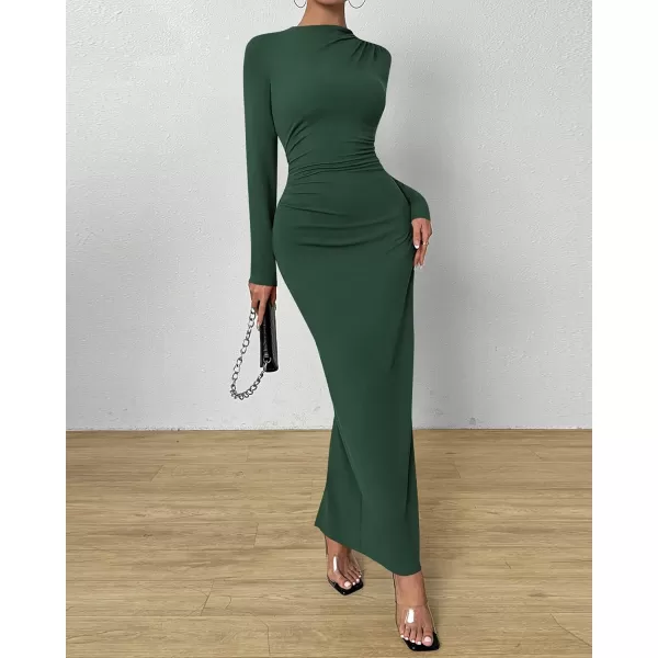BTFBM Women Bodycon Maxi Dress Long Sleeve Back Slit Ruched Elegant Party Cocktail Formal Fall Wedding Guest DressesSolid Army Green
