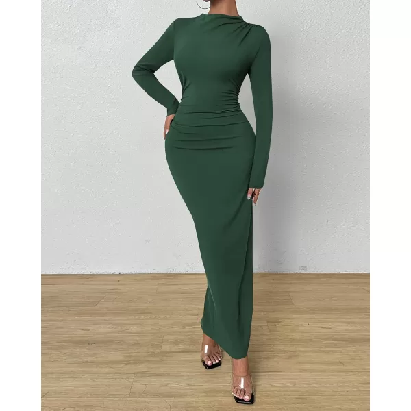 BTFBM Women Bodycon Maxi Dress Long Sleeve Back Slit Ruched Elegant Party Cocktail Formal Fall Wedding Guest DressesSolid Army Green