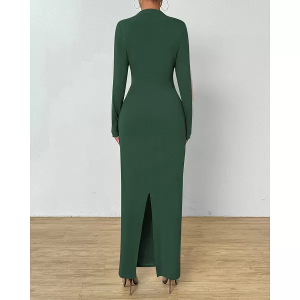 BTFBM Women Bodycon Maxi Dress Long Sleeve Back Slit Ruched Elegant Party Cocktail Formal Fall Wedding Guest DressesSolid Army Green