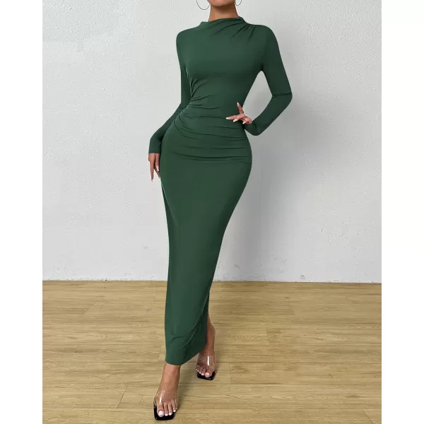 BTFBM Women Bodycon Maxi Dress Long Sleeve Back Slit Ruched Elegant Party Cocktail Formal Fall Wedding Guest DressesSolid Army Green