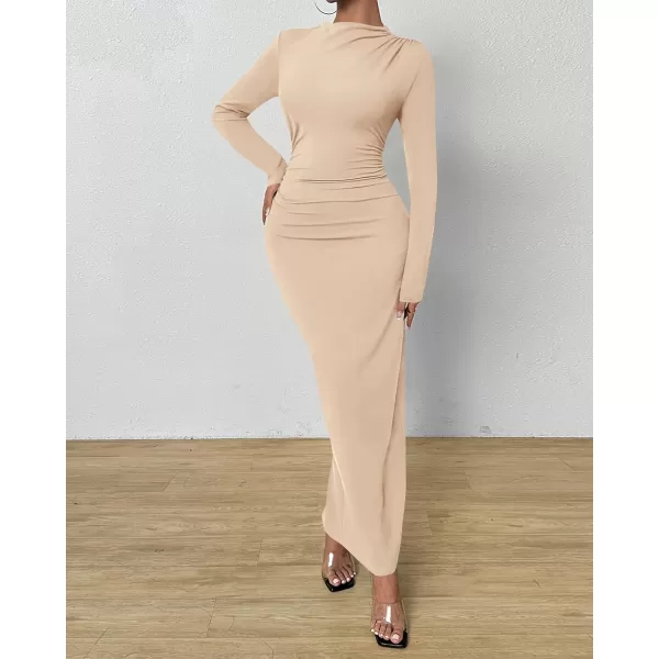 BTFBM Women Bodycon Maxi Dress Long Sleeve Back Slit Ruched Elegant Party Cocktail Formal Fall Wedding Guest DressesSolid Beige